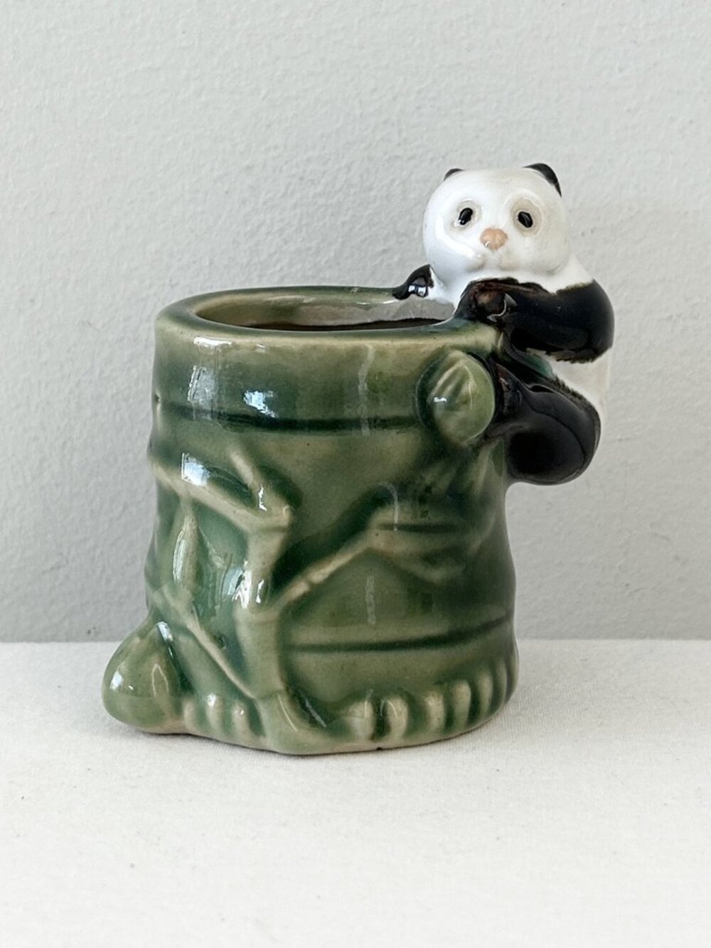 Vintage Ceramic Panda Bear Green Bamboo Planter Pottery Lucky Bamboo Vase